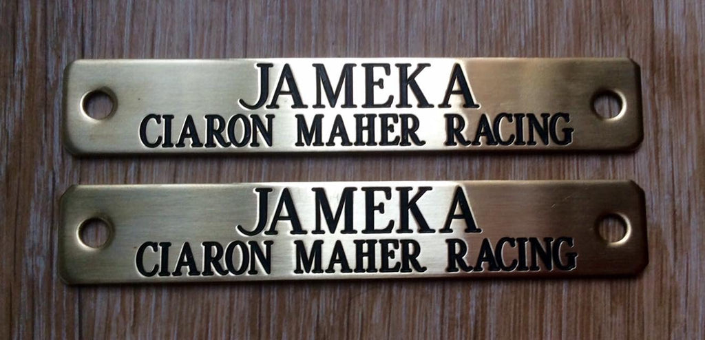 Pair of brass engraved name plates reading Jameka Ciaron Maher Racing — SS Saddlery