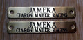 Pair of brass engraved name plates reading Jameka Ciaron Maher Racing — SS Saddlery