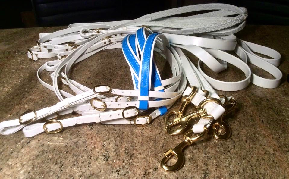 White and cyan Biothane race bridle with brass fittings — SS Saddlery 