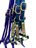 Purple and Green rearing bit straps with brass buckles and matching engraved name plate  halters — SS Saddlery