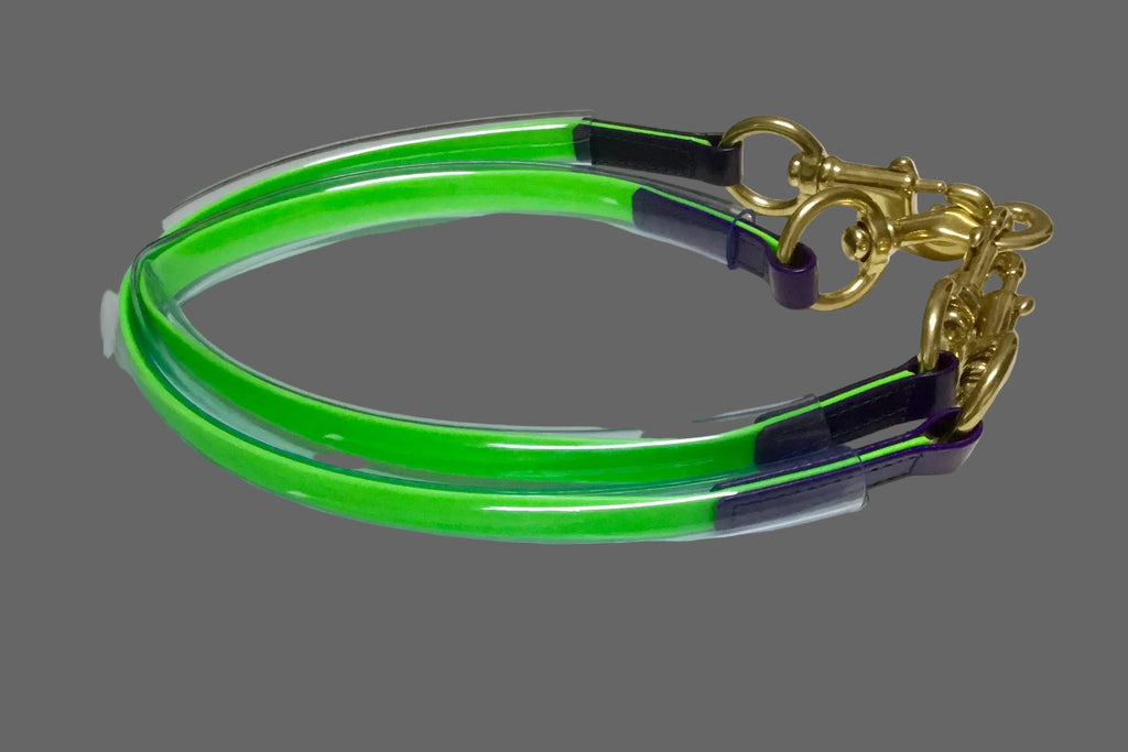 Fluro green Biothane race day tie-ups with navy tips, brass clips and clear tubing