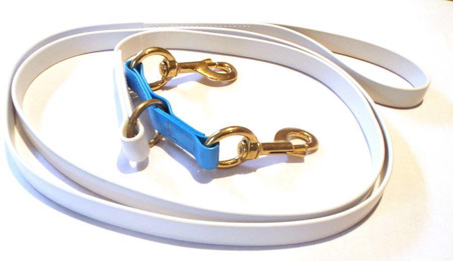 White and cyan Biothane double clip lead with brass clips flat lay — SS Saddlery